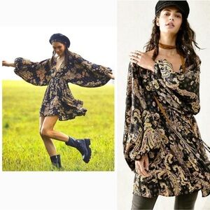 Free People Arzel Floral Paisley Printed Pullover Kimono Mini Dress BLACK sz SP